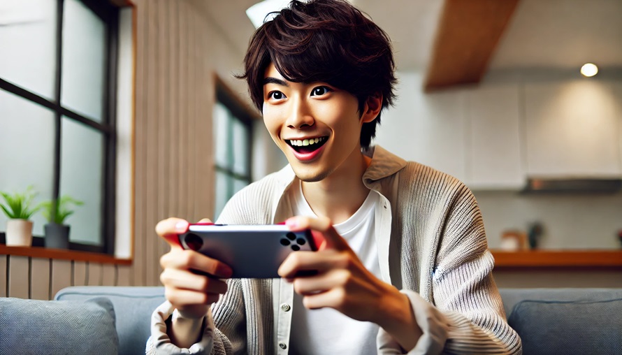 スマホゲームに熱中する男性