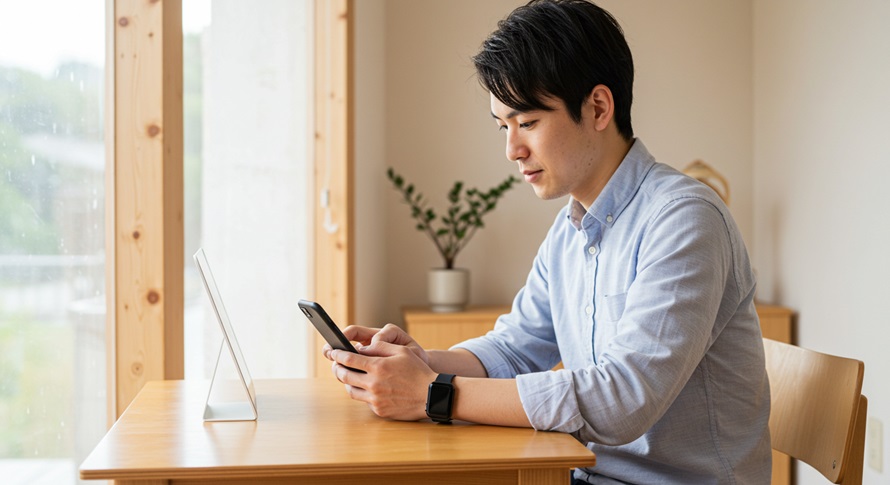 スマホで無料登録する男性